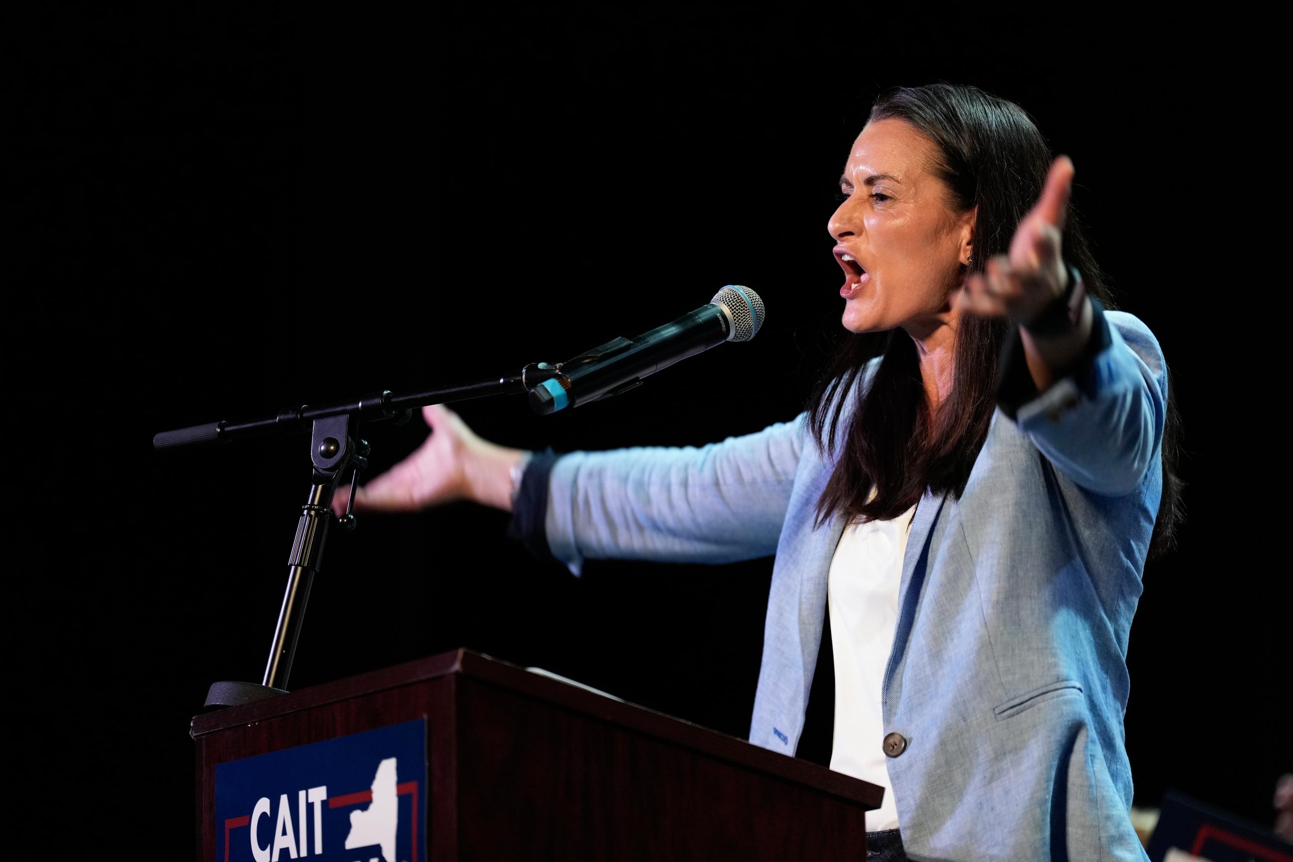 Democratic congressional candidate Cait Conley speaks during a rally in Tarrytown, N.Y., on Sept. 16. (AP Photo/Seth Wenig)