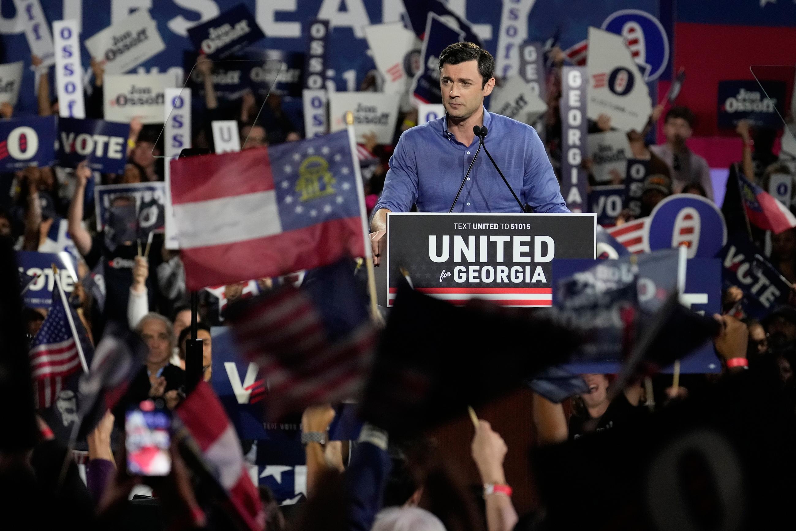 Incumbent Democratic U.S. Sen. Jon Ossoff speaks during a rally ahead of the Georgia Primary Election on Saturday, Oct. 17, 2026, in Atlanta. (AP Photo/Brynn Anderson)