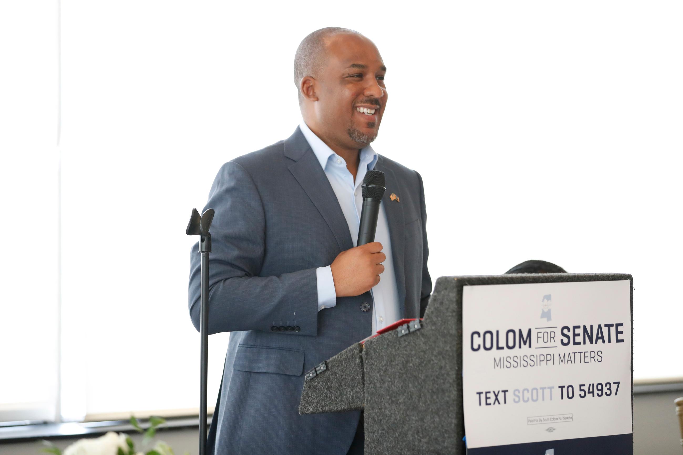 Mississippi Democratic U.S. Senate candidate Scott Colom speaks during a campaign event at the Capital Club in Jackson, Miss., Saturday, Aug. 1, 2026. (AP Photo/Sarah Warnock)