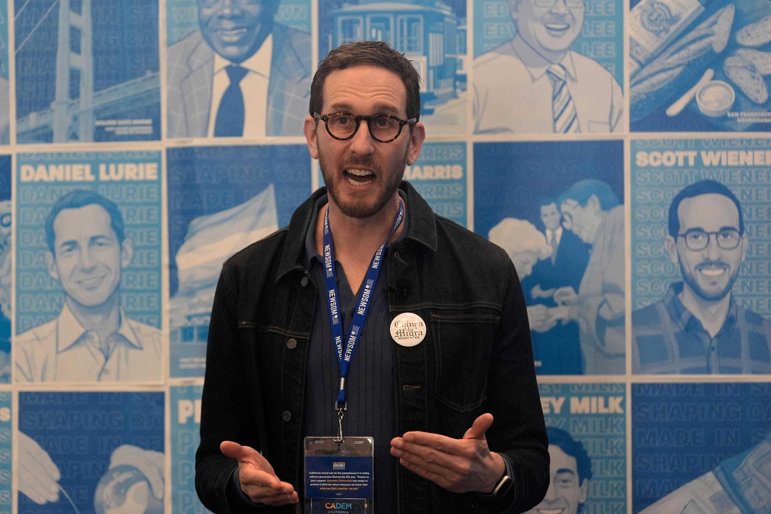 Scott Wiener speaks at the 2026 California Democratic Party State Convention in San Francisco, Saturday, Feb. 21, 2026. (AP Photo/Jeff Chiu)