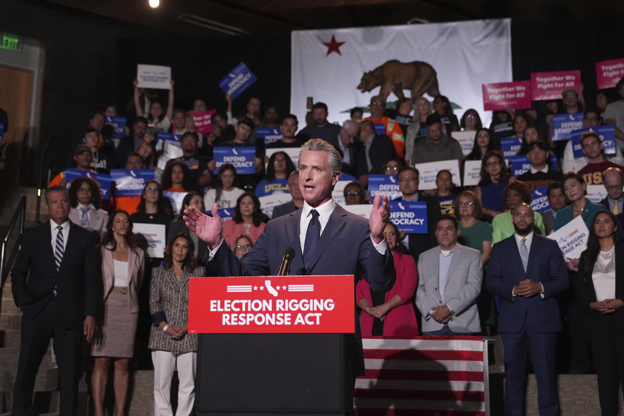 California Gov. Gavin Newsom speaks during a news conference in Los Angeles on Aug. 14, 2025. (AP Photo/Marcio Jose Sanchez)