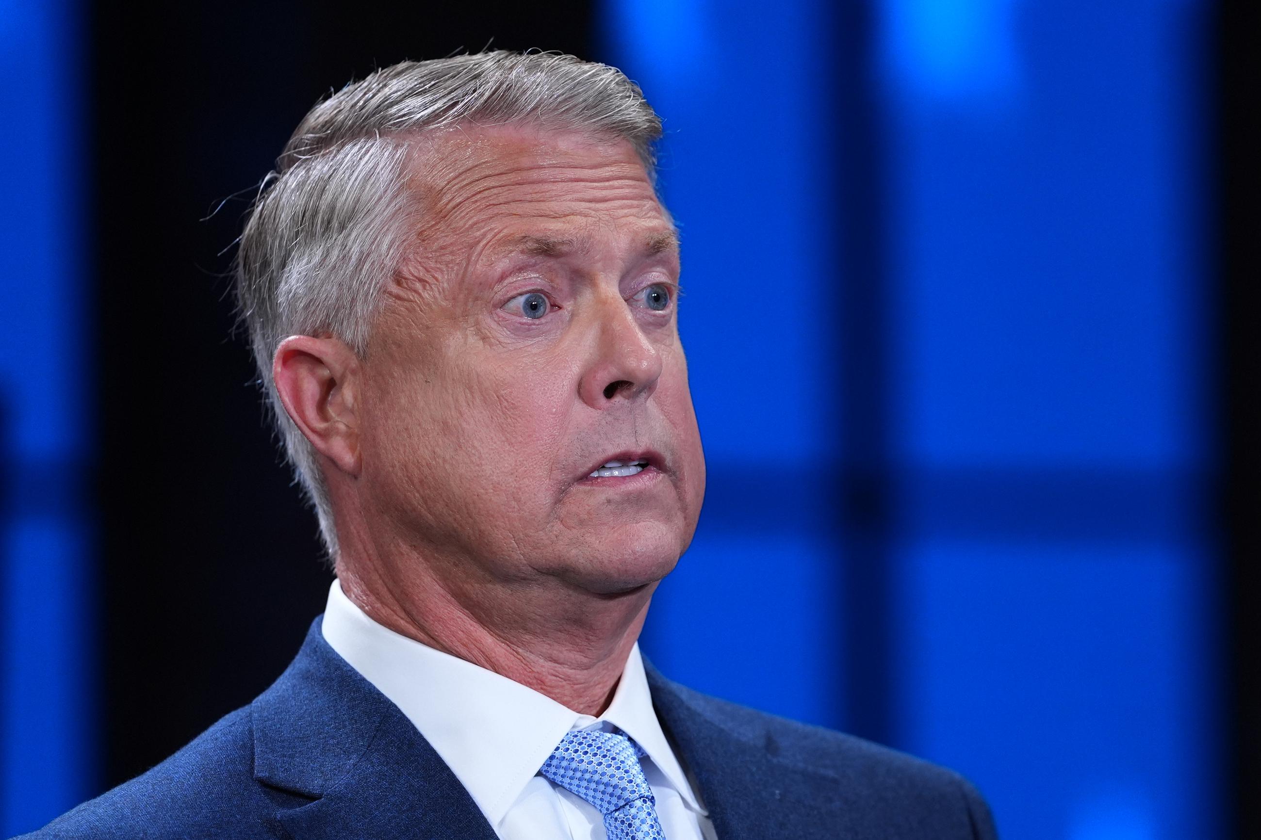 Republican Sen. Roger Marshall of Kansas participates in a debate with Democratic challenger Adam Hamilton in Kansas City, Mo., on Oct. 21. (AP Photo/Charlie Riedel, Pool)