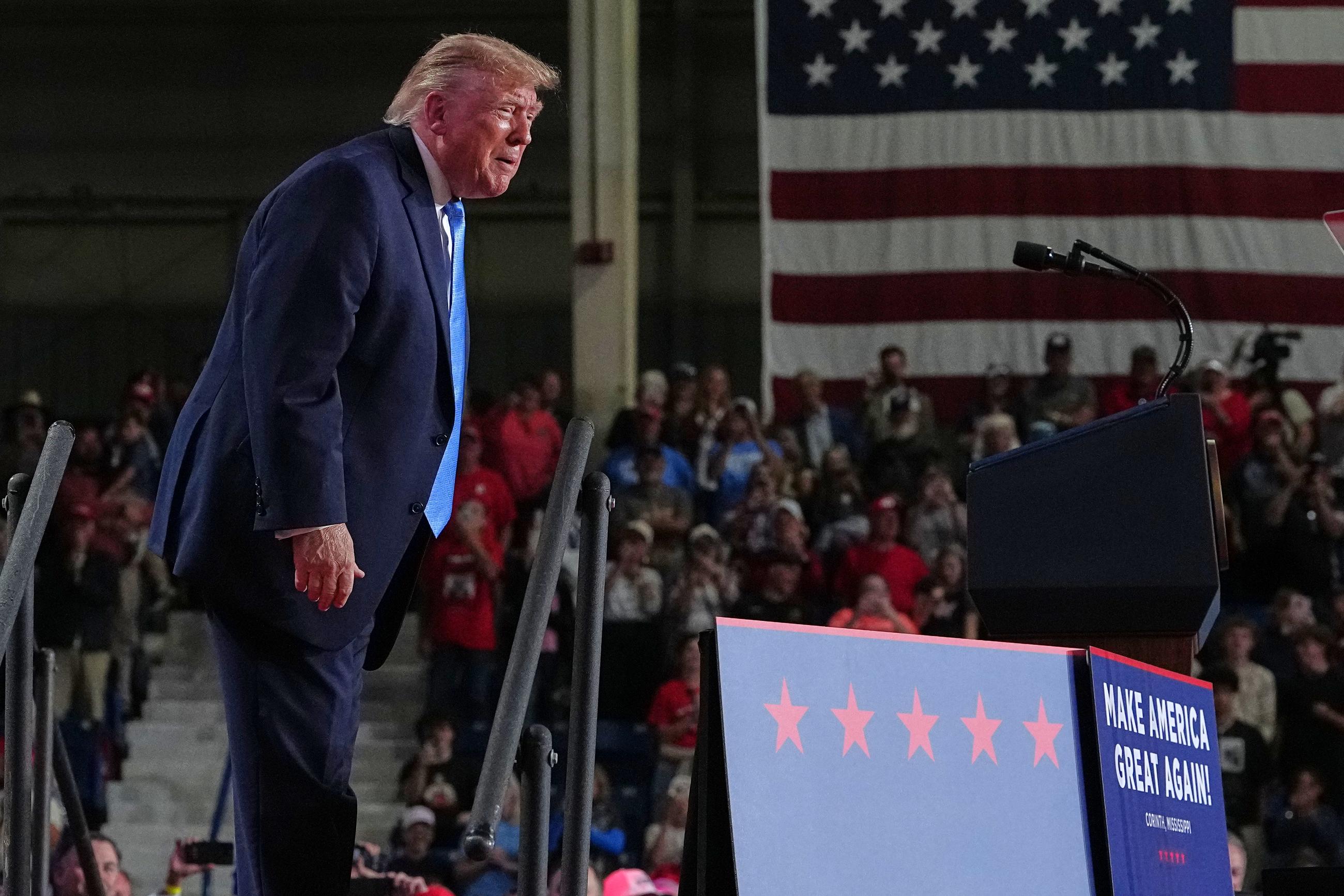 President Donald Trump looks into the crowd at a campaign rally at Crossroads Arena, in Corinth, Miss., Monday, Oct. 26, 2026. (AP Photo/Jacquelyn Martin)