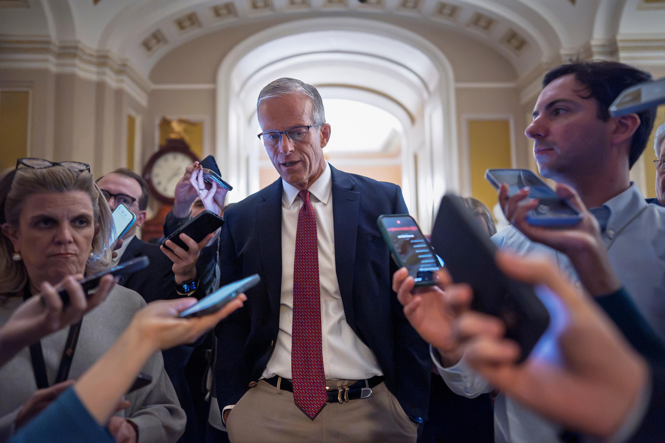 Senate Majority Leader John Thune responds to reporters asking about the midterms as he arrives at the chamber for a vote at the Capitol on Sept. 24. (AP Photo/J. Scott Applewhite)